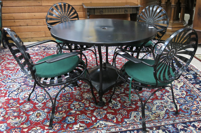 Appraisal: VINTAGE IRON AND STEEL PATIO TABLE AND CHAIR SET Francois