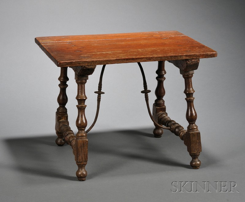 Appraisal: Miniature Iberian Mahogany and Oak Trestle Table composed of antique