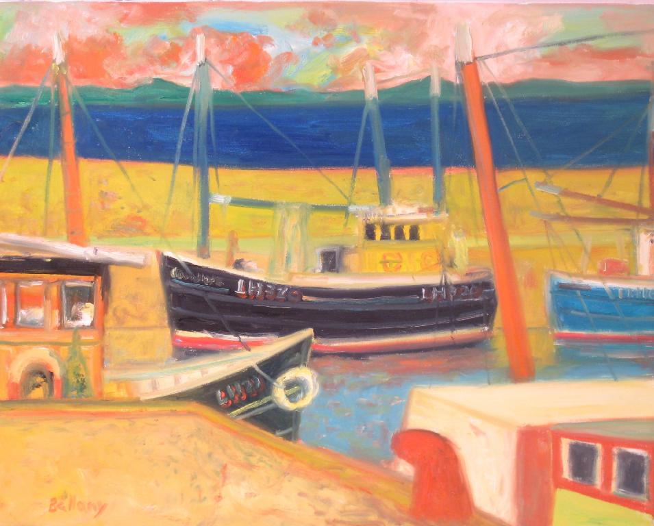 Appraisal: JOHN BELLANY R A b Boats in a Harbour signed