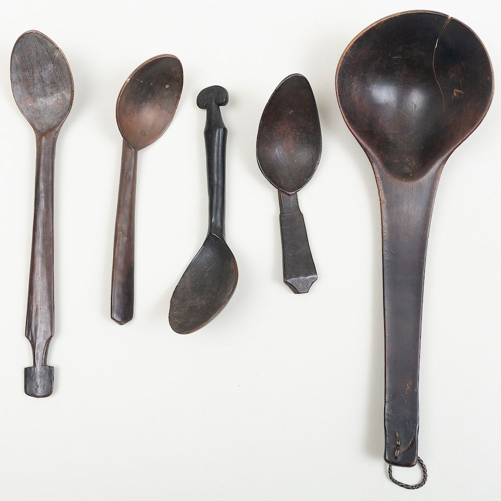 Appraisal: Group of Four African Wooden Spoons and an Indonesian Ladle