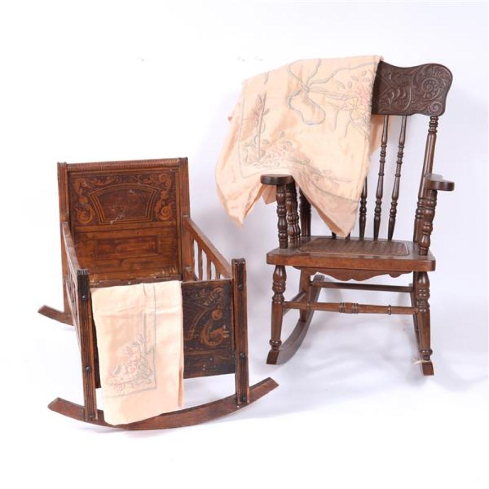 Appraisal: ANTIQUE CHILD'S PRESSED BACK ROCKING CHAIR DOLL CRADLE AND SATIN