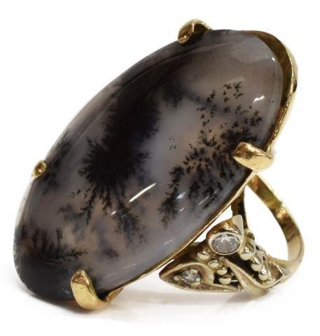 Appraisal: Estate kt yellow gold ring central dendritic agate diamond-set shoulders