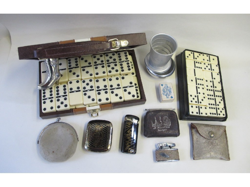 Appraisal: Box of miscellania - dominoes cigarette lighters stirrup cup etc