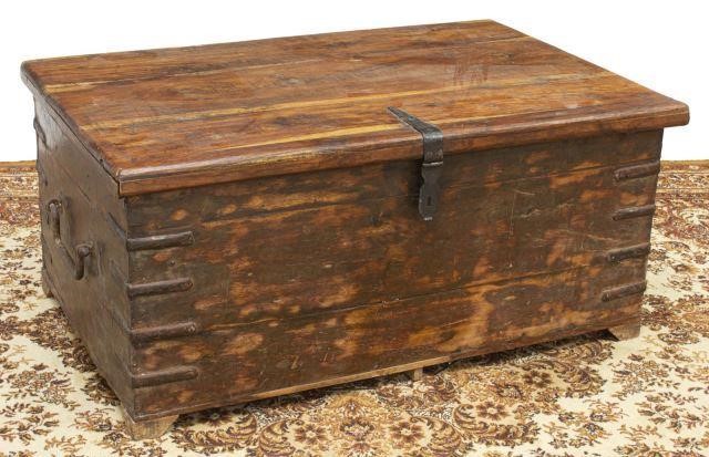 Appraisal: Rustic iron-bound trunk top on iron strap hinges case with