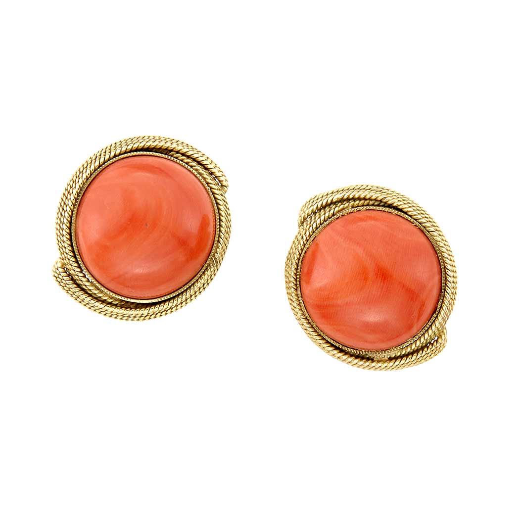 Appraisal: Pair of Gold and Coral Earclips kt round cabochon coral