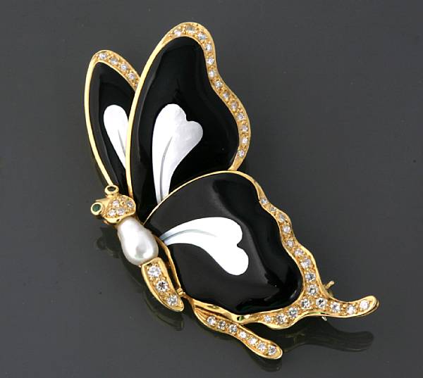 Appraisal: An onyx mother-of-pearl cultured pearl diamond and gold butterfly brooch