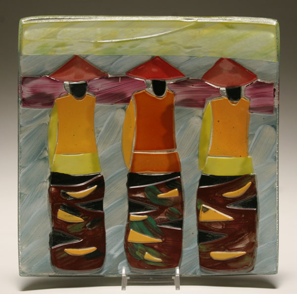 Appraisal: Contemporary square glass plate with three Asian figures Sq