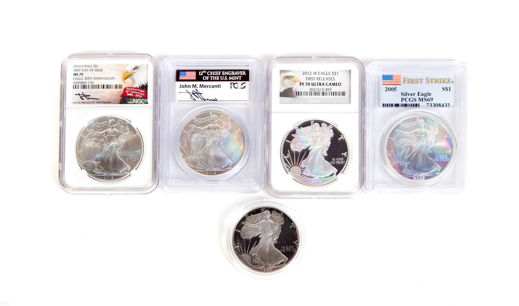 Appraisal: FIVE AMERICAN SILVER EAGLES in original mint box PCGS MS