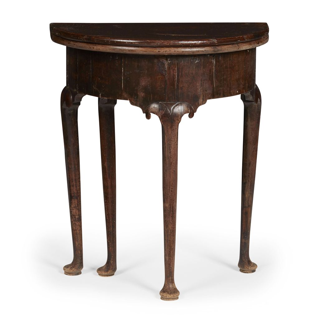 Appraisal: SMALL GEORGE II FOLDOVER MAHOGANY DEMILUNE TABLE CIRCA the foldover