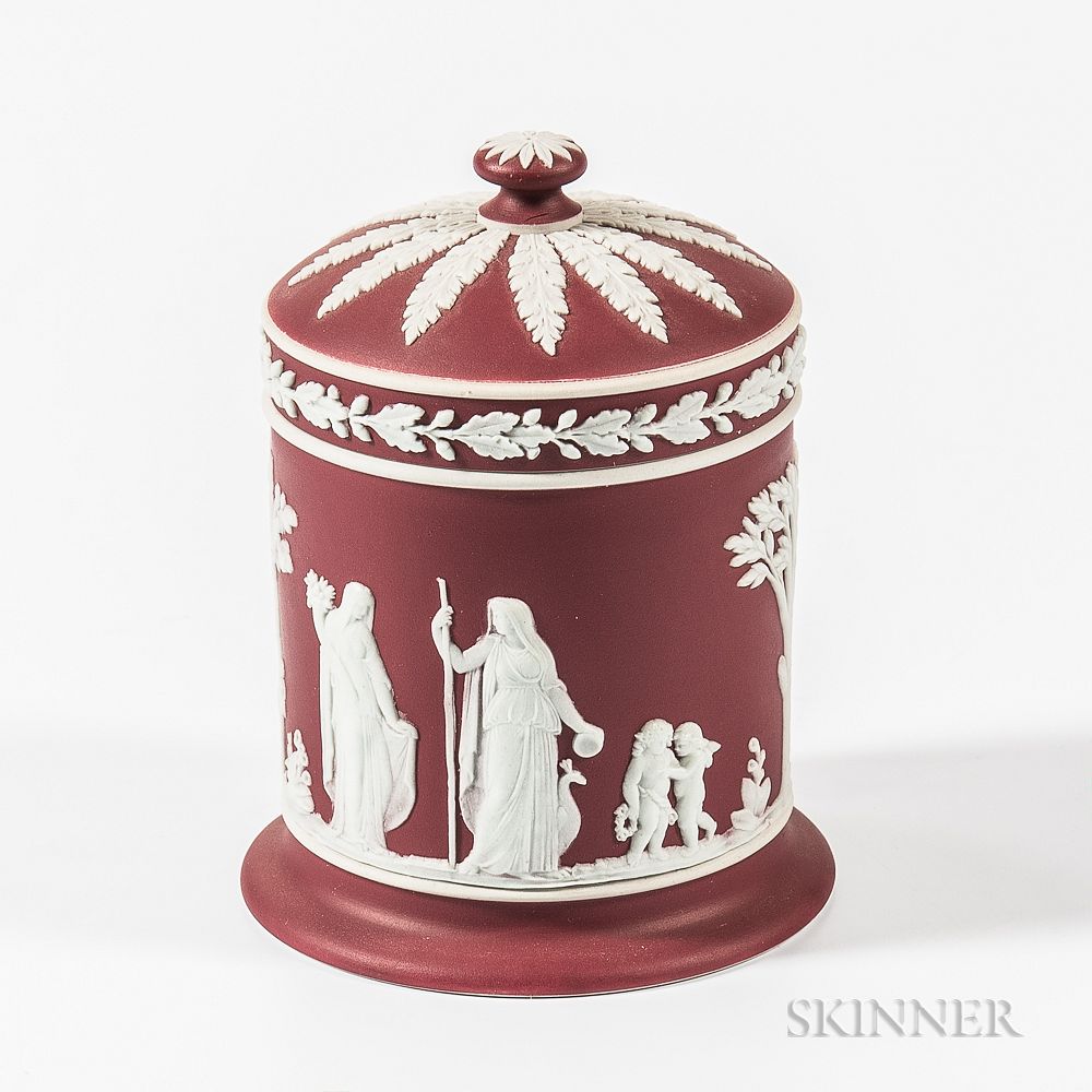 Appraisal: Wedgwood Crimson Jasper Dip Jar and Cover Wedgwood Crimson Jasper