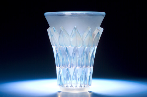 Appraisal: R LALIQUE Vase Feuilles opalescent ca Chips to four upper