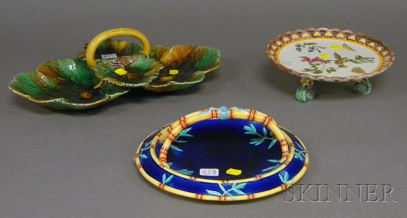 Appraisal: Three Wedgwood Majolica Table Items a four-part leaf-form serving tray