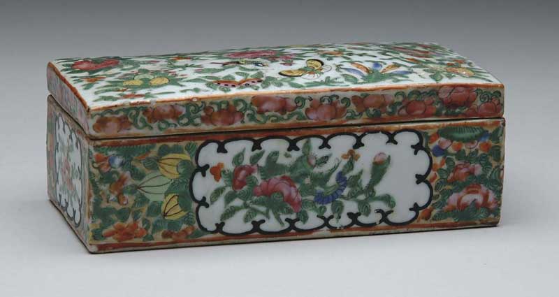 Appraisal: RARE RECTANGULAR ANTIQUE ROSE MEDALLION COVERED BOX The covered box