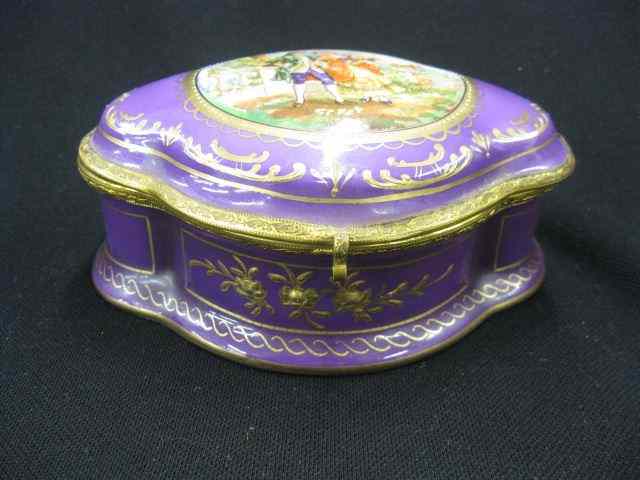 Appraisal: Porcelain Dresser Box courting scene with amethyst trim extensive gold