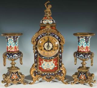 Appraisal: A VERY FINE CHAMPLEVE ENAMEL THREE PIECE CLOCK SET A