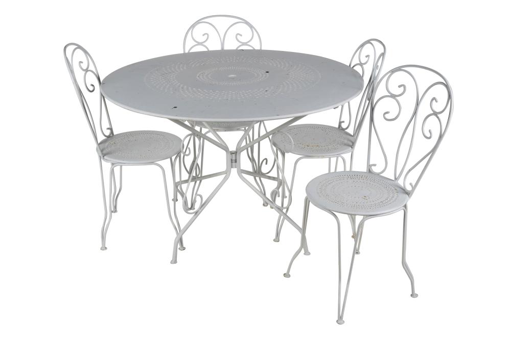 Appraisal: WHITE-PAINTED IRON PATIO SETcomprising two tables with metal tops and