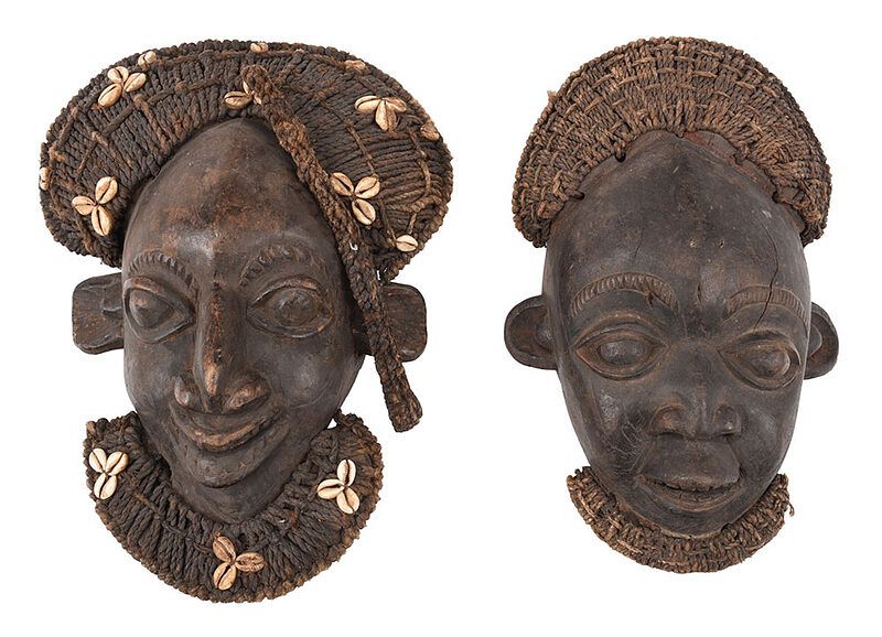 Appraisal: Two Carved Wood and Fiber Oku Kam Masks Cameroonian Western