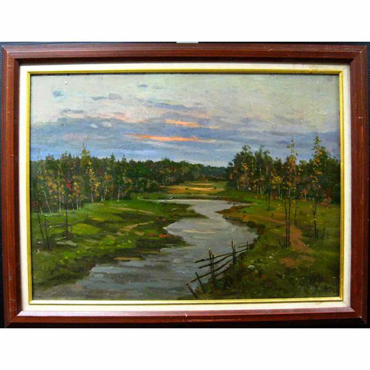 Appraisal: SIGNED RUSSIAN TH CENTURY EVENING RIVER STUDY OIL ON MASONITE