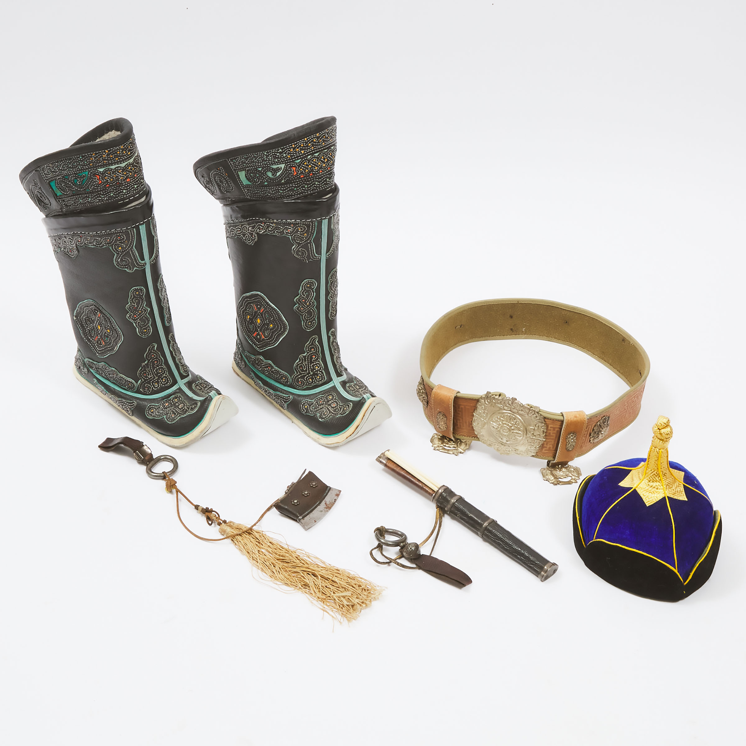 Appraisal: Mongolian Traditional Hat Boots Gutals Belt Utility Knife and Tinder