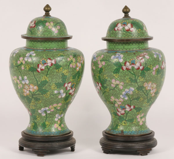 Appraisal: Two intricately floral decorated cloisonne jars vases brass rims and