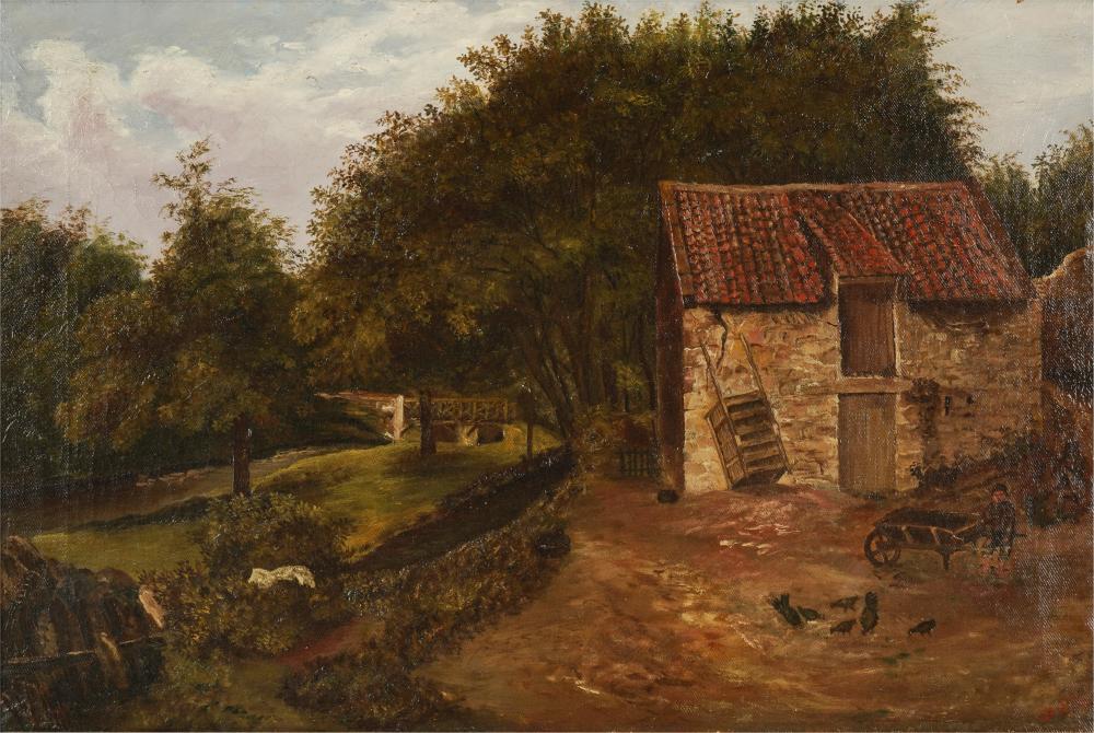 Appraisal: TH EARLY TH CENTURY FARM SCENE WITH FIGUREoil on canvas