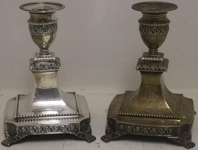 Appraisal: PAIR OF TIFFANY STERLING SILVER CANDLESTICKS CA CLASSICAL DESIGN WITH