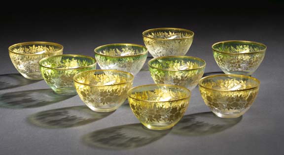 Appraisal: Set of Nine Opulent French Intaglio-Engraved and Parcel-Gilt Glass Dessert