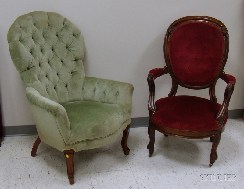 Appraisal: Two Victorian Upholstered Carved Walnut Parlor Armchairs