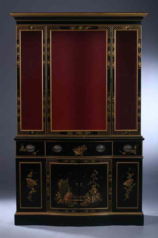 Appraisal: GEORGIAN STYLE BLACK LACQUERED AND GILT-DECORATED CHINA CABINET fitted for