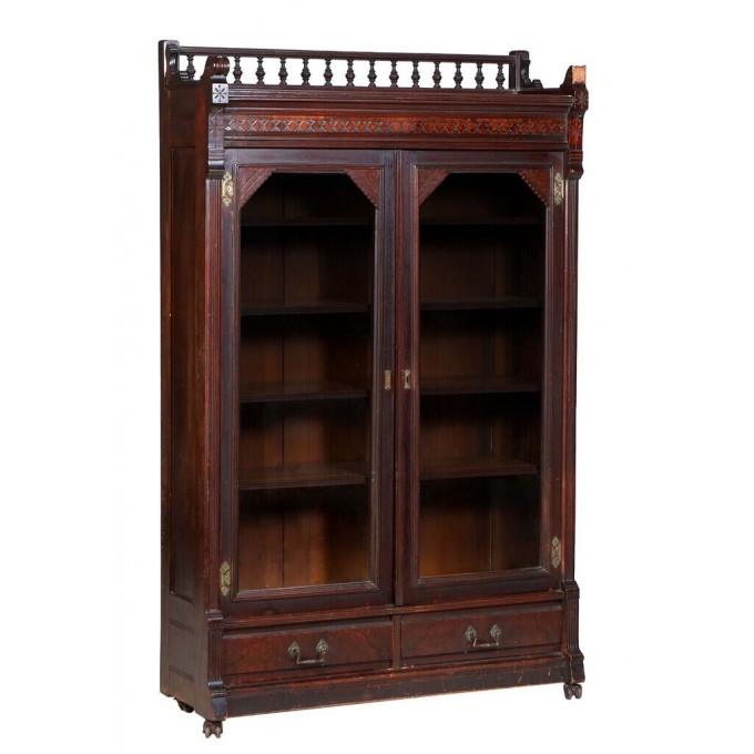 Appraisal: American Carved and Incised Walnut Bookcase c spindled back gallery