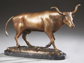 Appraisal: Patinated Bronze Longhorn Steer th c on a sha Patinated