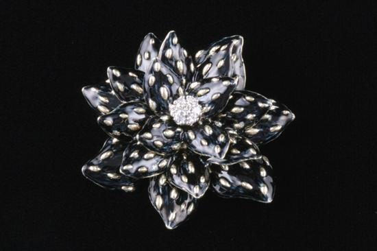 Appraisal: K YELLOW GOLD BLACK ENAMEL AND DIAMOND FLORAL MOTIF BROOCH