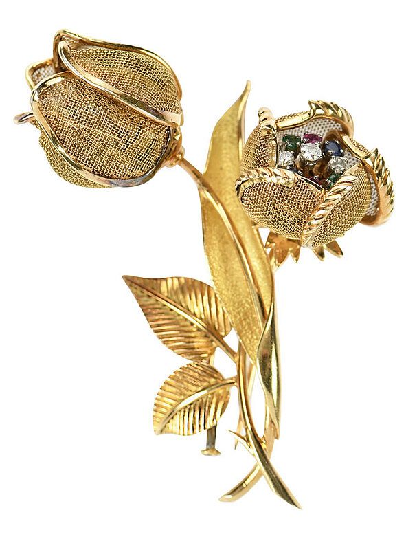 Appraisal: kt Gemstone Flower Brooch articulated petals and stamen six round