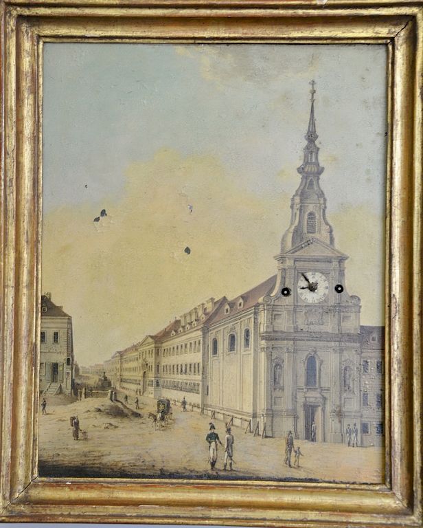 Appraisal: Clock painting on metal panel of Borogue Church and Apartment