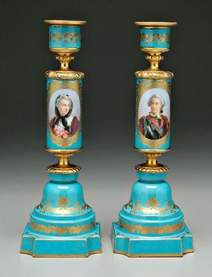 Appraisal: Pair S egrave vres candlesticks cylindrical columns with hand painted