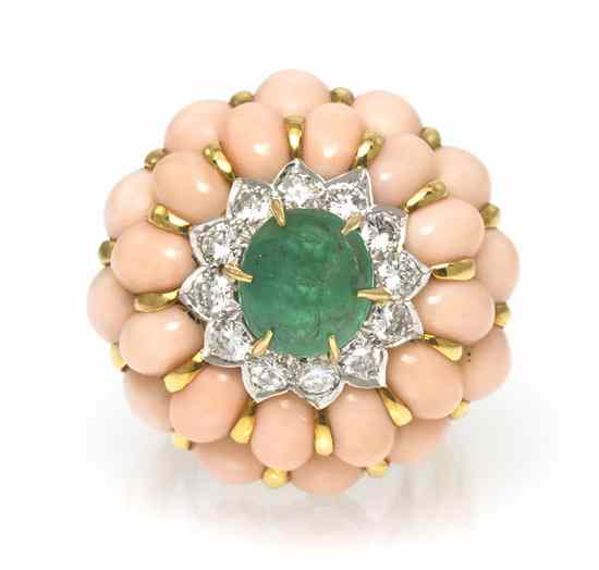 Appraisal: An Karat Yellow Gold Coral Diamond and Emerald Bombe Ring