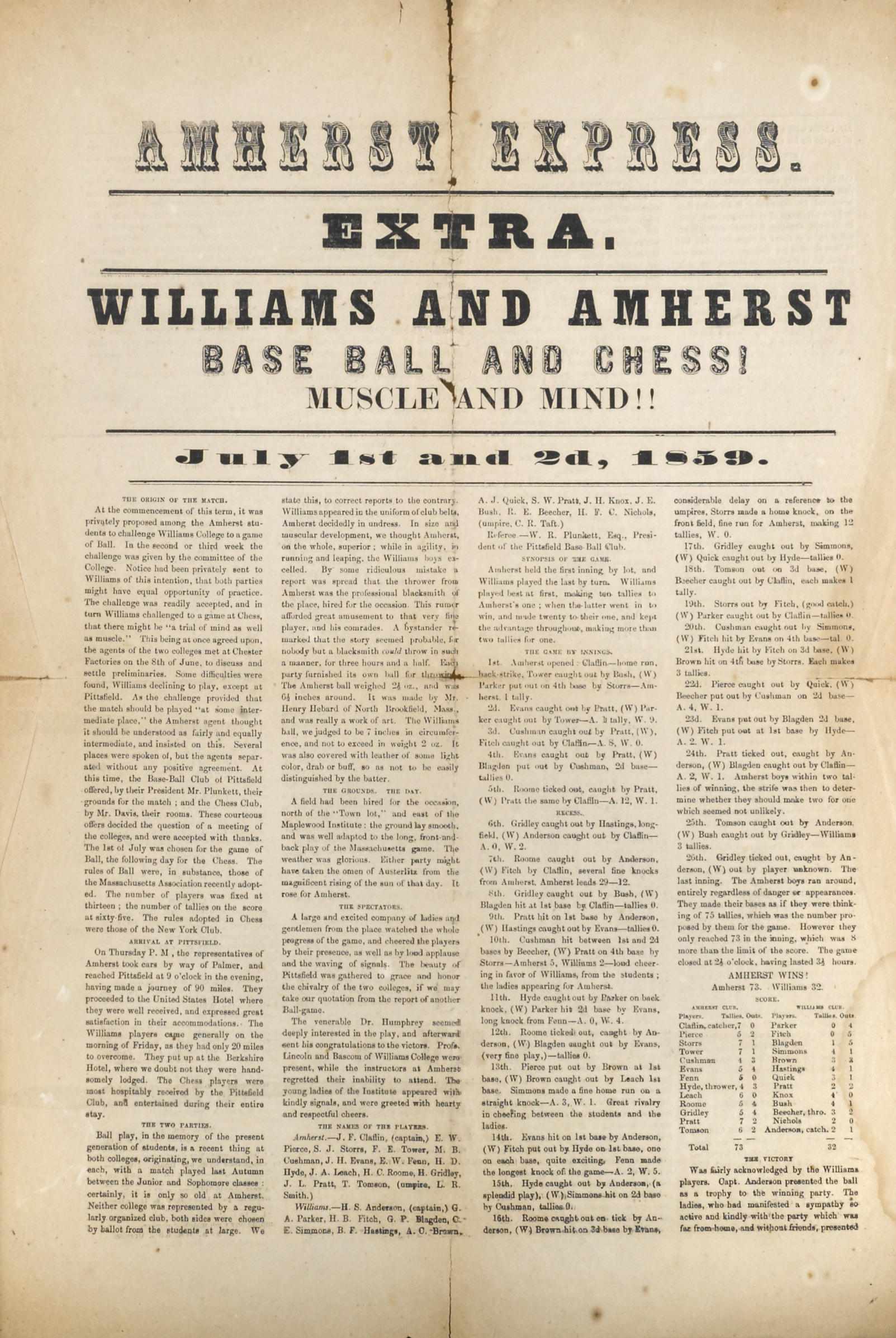 Appraisal: AMHERST-WILLIAMS GAME Amherst Express Extra Williams and Amherst Base Ball