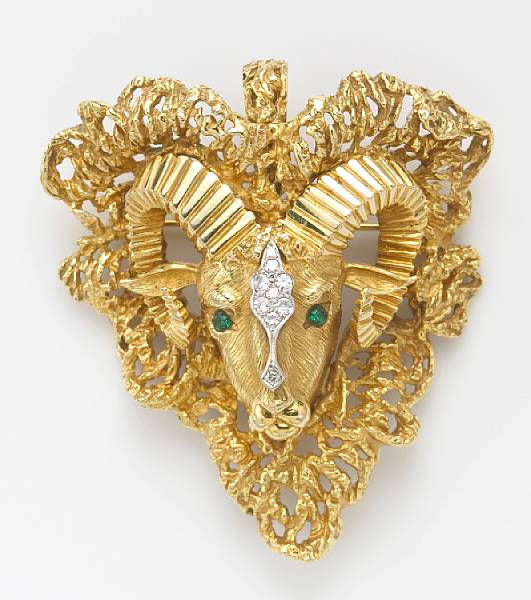 Appraisal: A diamond green stone and k gold Aries brooch-pendant-enhancer weighing