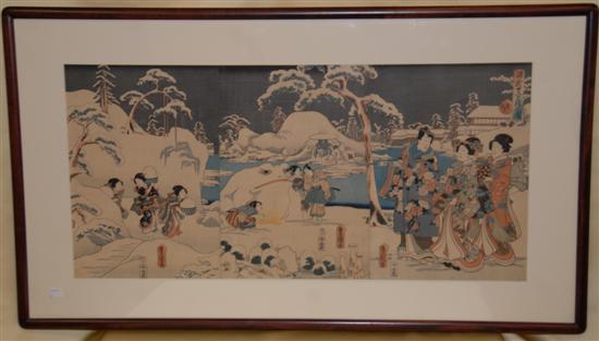 Appraisal: JAPANESE TRYPTICH WOODBLOCK Depicting figures in the snow X