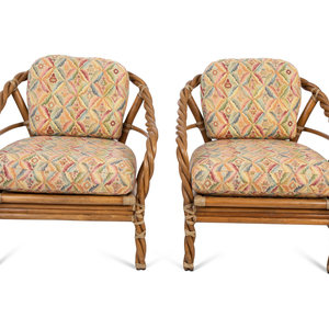 Appraisal: A Pair of McGuire Twisted Rattan and Rawhide Armchairs th