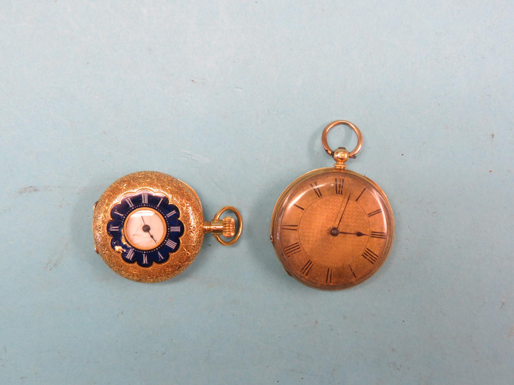 Appraisal: Two ct engraved gold pocket watches half-hunter with inset crescent-shape