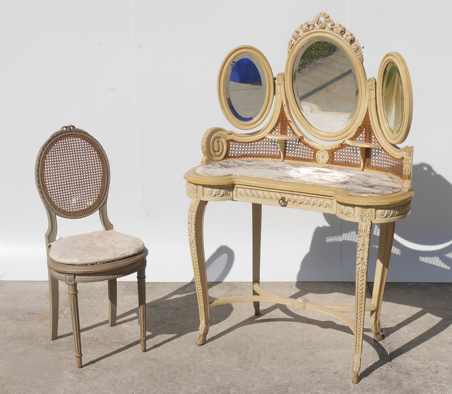 Appraisal: FRENCH PAINTED VANITY AND CHAIR Vanity with carved foliate crest