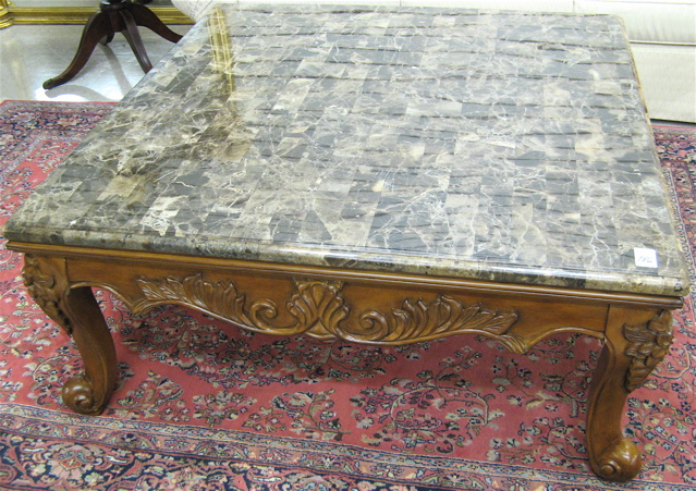 Appraisal: SQUARE MARBLE TOP COFFEE TABLE the black and smoke marble