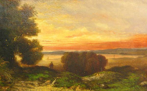 Appraisal: American School th th century Sunset above a lake signed