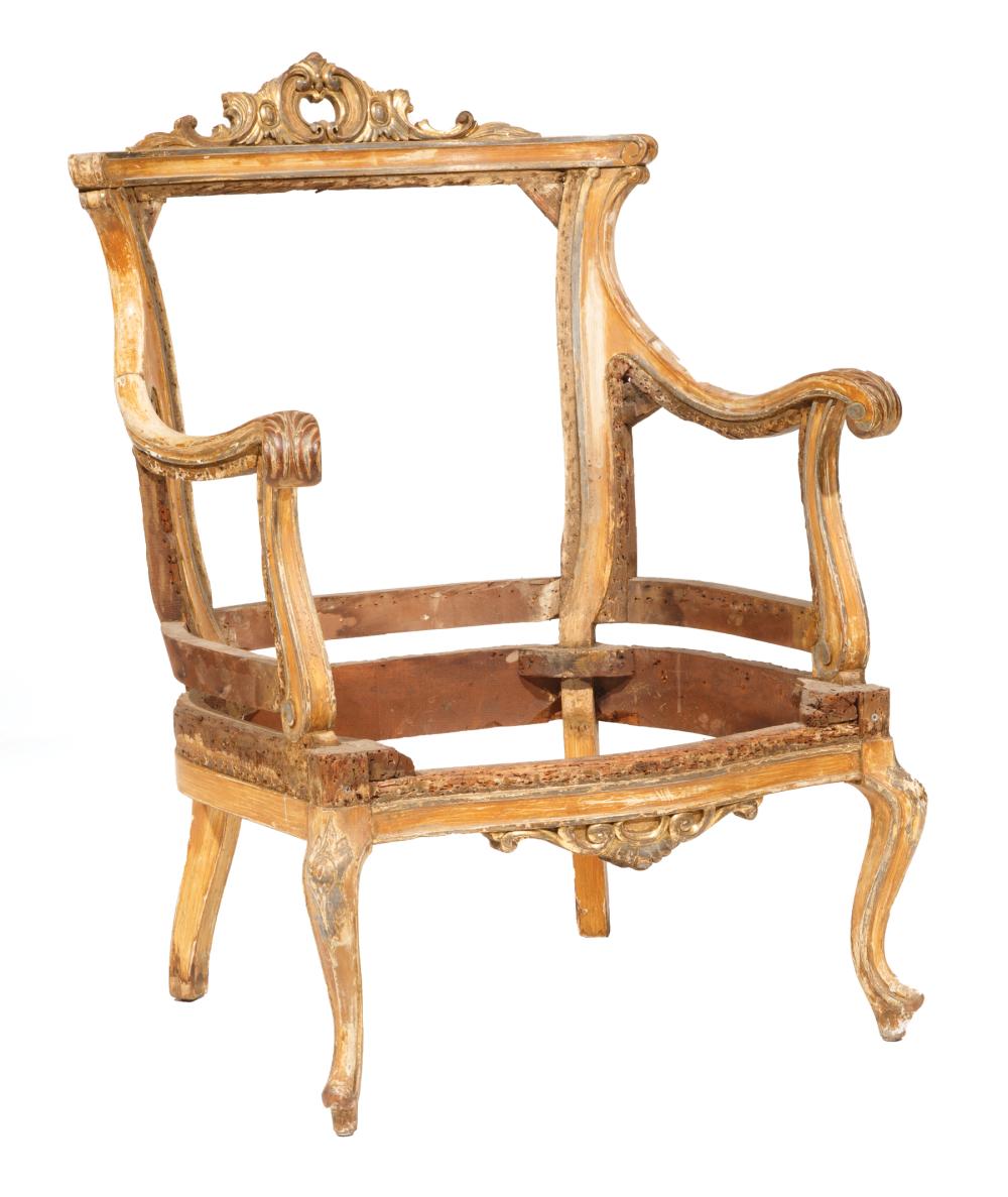 Appraisal: Antique Italian Rococo-Style Giltwood Armchair Frame pierced crest foliate scroll