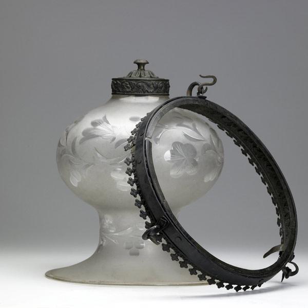 Appraisal: th C LIGHTING Suspended candle-light fixture in frosted glass with