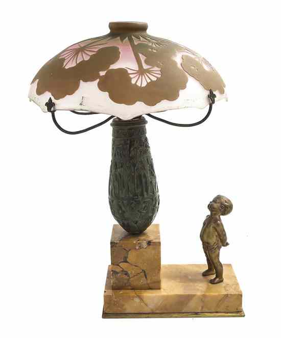 Appraisal: A Galle Cameo Glass Bronze and Marble Table Lamp the