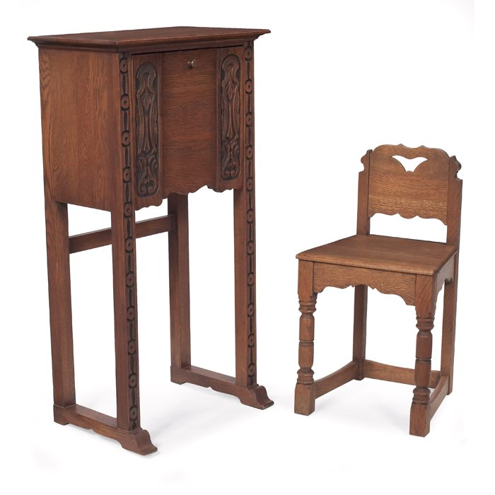 Appraisal: Lifetime telephone stand and chair stand with drop-front and carvings