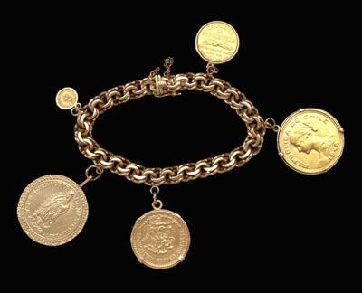 Appraisal: Gold coin charm bracelet kt yellow gold double-link bracelet with