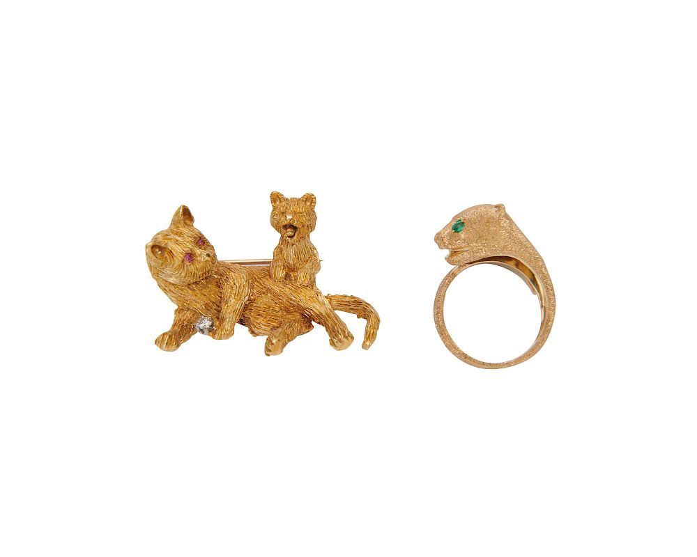 Appraisal: Gold and Gemset Cat Jewelry Gold and Gemset Cat Jewelry